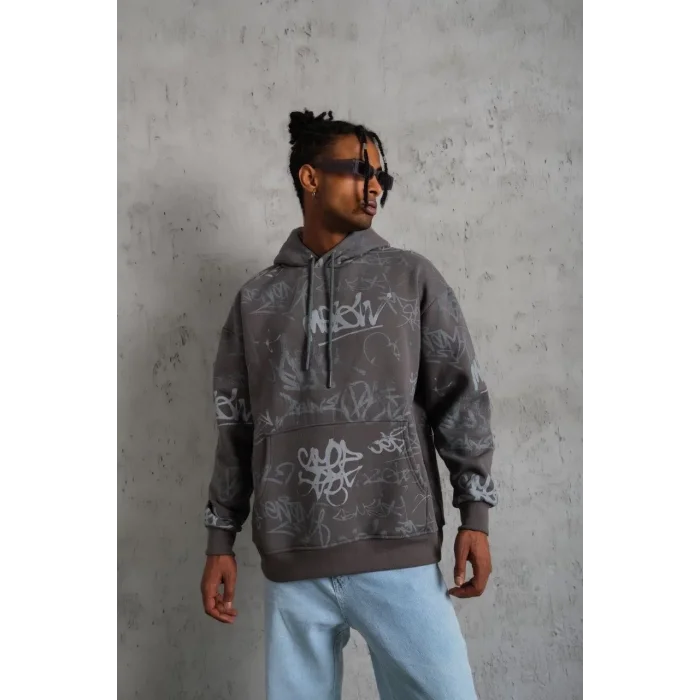 Erkek 3 İplik Pamuklu Kapüşonlu Kanguru Cepli Sweatshirt Hoodie -  Gri