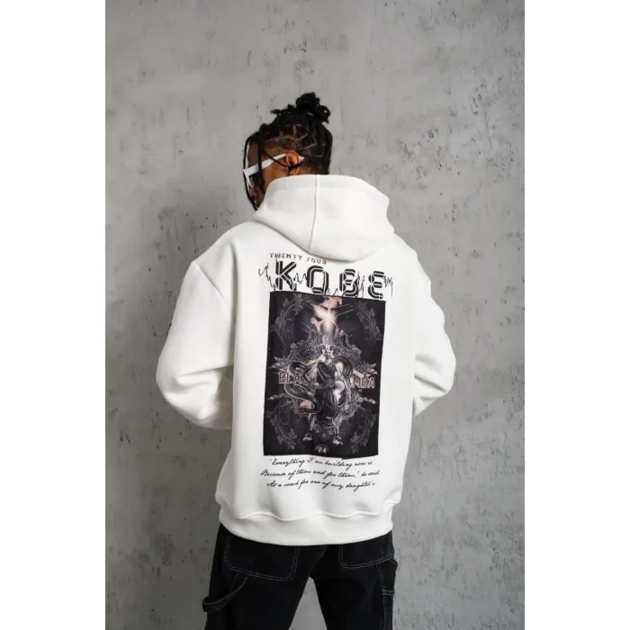 Erkek 3 İplik Pamuklu Kapüşonlu Baskılı Cepli Oversize Sweatshirt Hoodie - Beyaz