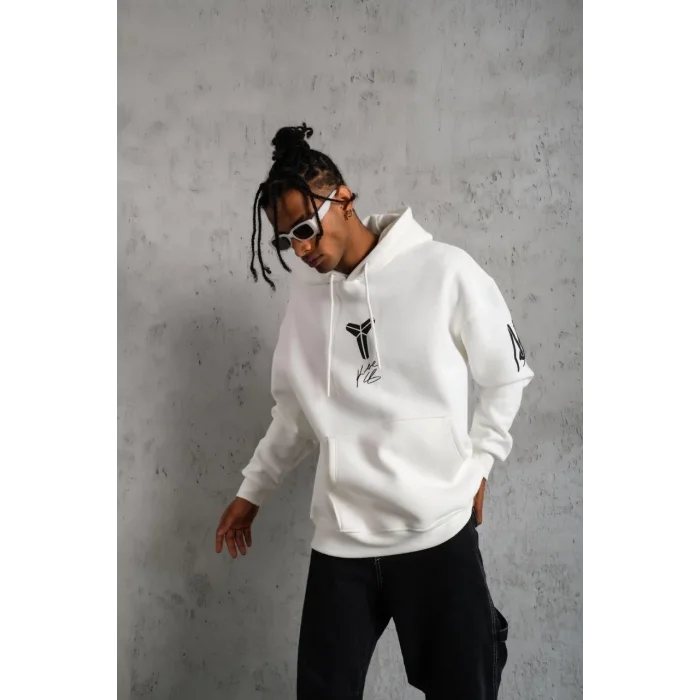 Erkek 3 İplik Pamuklu Kapüşonlu Baskılı Cepli Oversize Sweatshirt Hoodie - Beyaz
