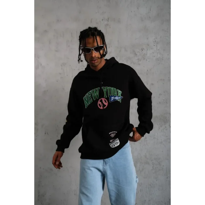 Erkek 3 İplik Pamuklu Kapüşonlu Baskılı Cepli Oversize Sweatshirt Hoodie - Siyah