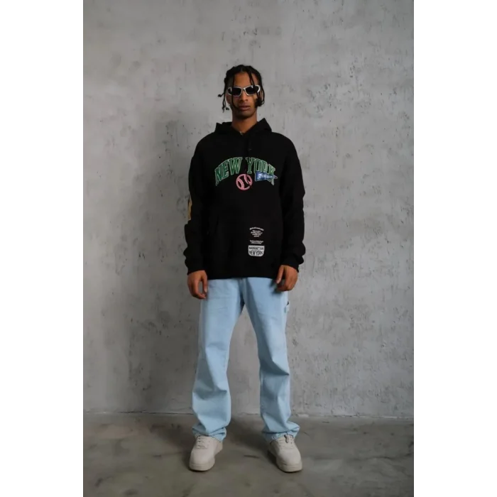 Erkek 3 İplik Pamuklu Kapüşonlu Baskılı Cepli Oversize Sweatshirt Hoodie - Siyah