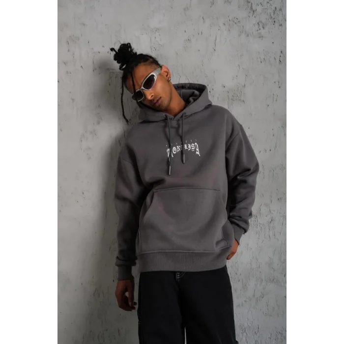 Erkek 3 İplik Pamuklu Kapüşonlu Baskılı Cepli Oversize Sweatshirt Hoodie - Gri