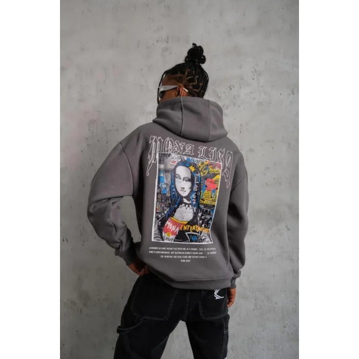 Erkek 3 İplik Pamuklu Kapüşonlu Baskılı Cepli Oversize Sweatshirt Hoodie - Gri