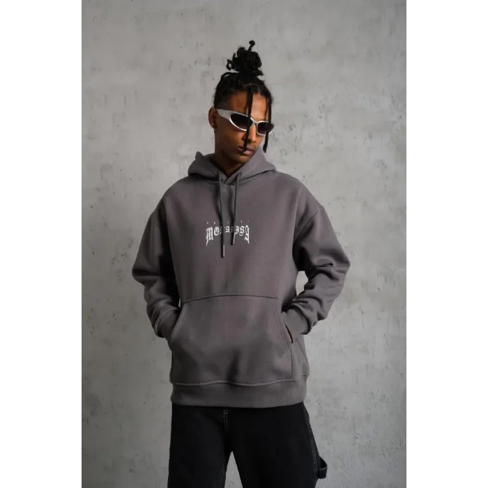 Erkek 3 İplik Pamuklu Kapüşonlu Baskılı Cepli Oversize Sweatshirt Hoodie - Gri