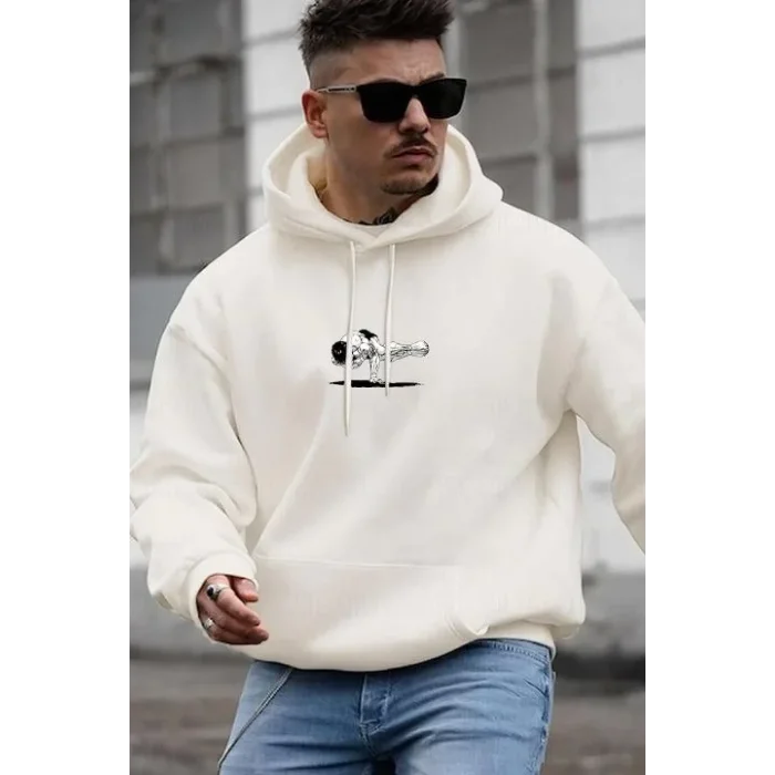 Erkek 3 İplik Pamuklu Kapüşonlu Baskılı Cepli Oversize Sweatshirt Hoodie - Beyaz