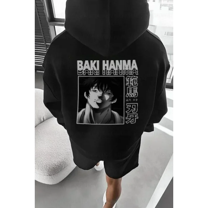 Erkek 3 İplik Pamuklu Kapüşonlu Baskılı Cepli Oversize Sweatshirt Hoodie - Siyah