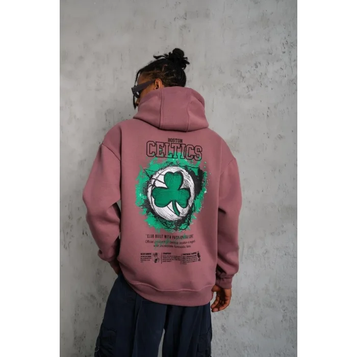 Erkek 3 İplik Pamuklu Kapüşonlu Baskılı Cepli Sweatshirt Hoodie - Gül Kurusu