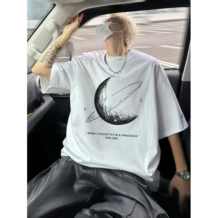 Erkek Baskılı Tişört Kısa Kol Bisiklet Yaka Oversize T-Shirt - Beyaz