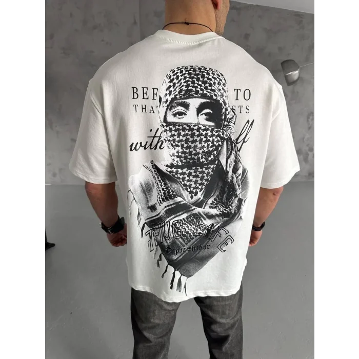 Erkek Kısa Kol Tişört Bisiklet Yaka Filistin Poşulu Baskılı T-Shirt - Beyaz