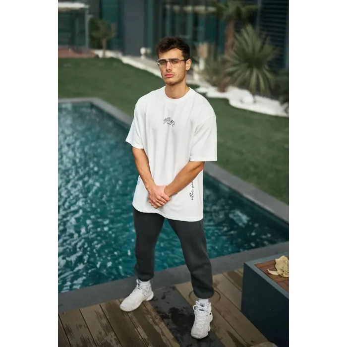 Erkek Kısa Kol Tişört Bisiklet Yaka Filistin Poşulu Baskılı T-Shirt - Beyaz