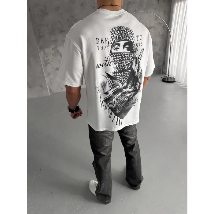 Erkek Kısa Kol Tişört Bisiklet Yaka Filistin Poşulu Baskılı T-Shirt - Beyaz