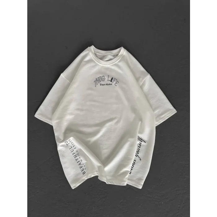 Erkek Kısa Kol Tişört Bisiklet Yaka Filistin Poşulu Baskılı T-Shirt - Beyaz