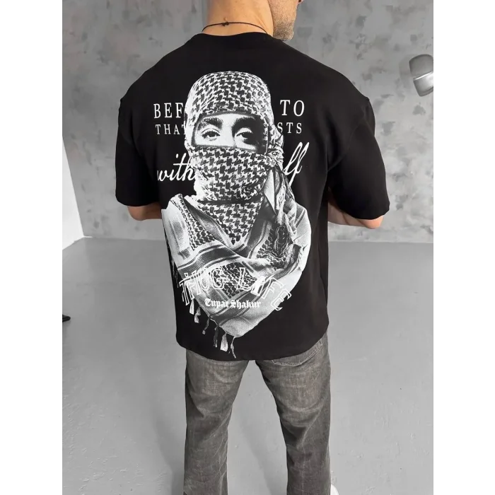 Erkek Kısa Kol Tişört Bisiklet Yaka Filistin Poşulu Baskılı T-Shirt - Siyah