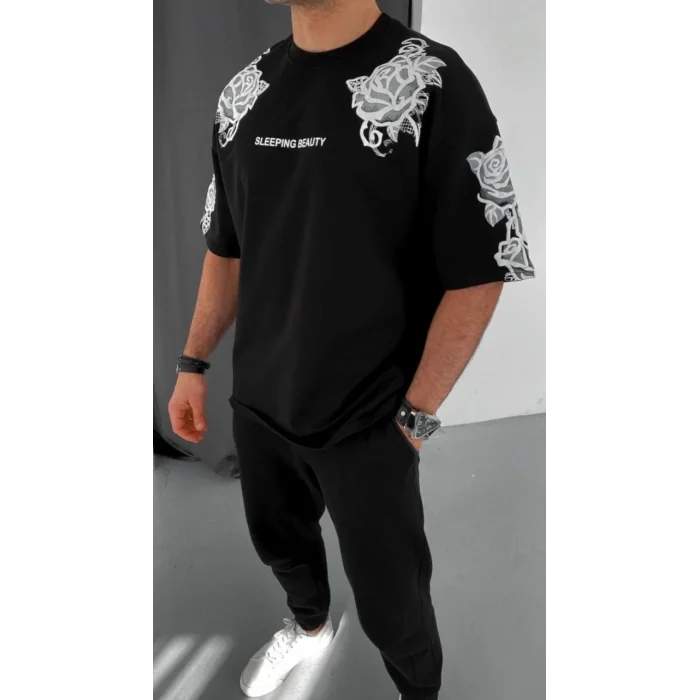 Erkek Kısa Kol Yazlık Tişört Bisiklet Yaka Baskılı Oversize T-Shirt - Siyah