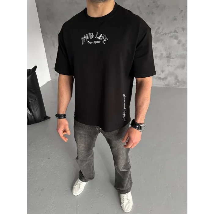 Erkek Kısa Kol Tişört Bisiklet Yaka Filistin Poşulu Baskılı T-Shirt - Siyah