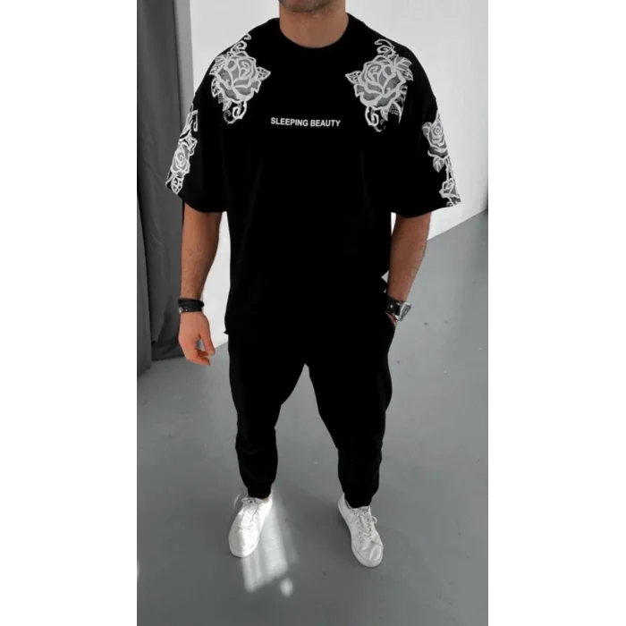 Erkek Kısa Kol Yazlık Tişört Bisiklet Yaka Baskılı Oversize T-Shirt - Siyah