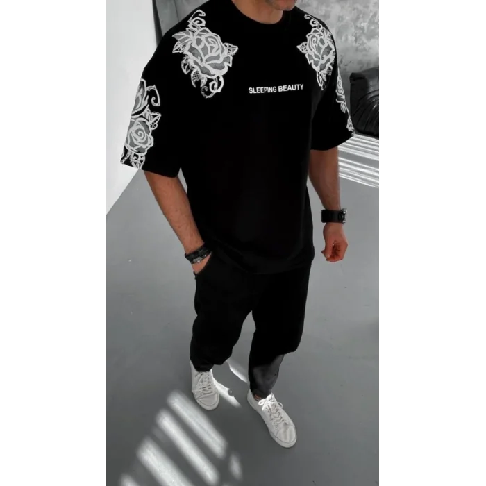 Erkek Kısa Kol Yazlık Tişört Bisiklet Yaka Baskılı Oversize T-Shirt - Siyah