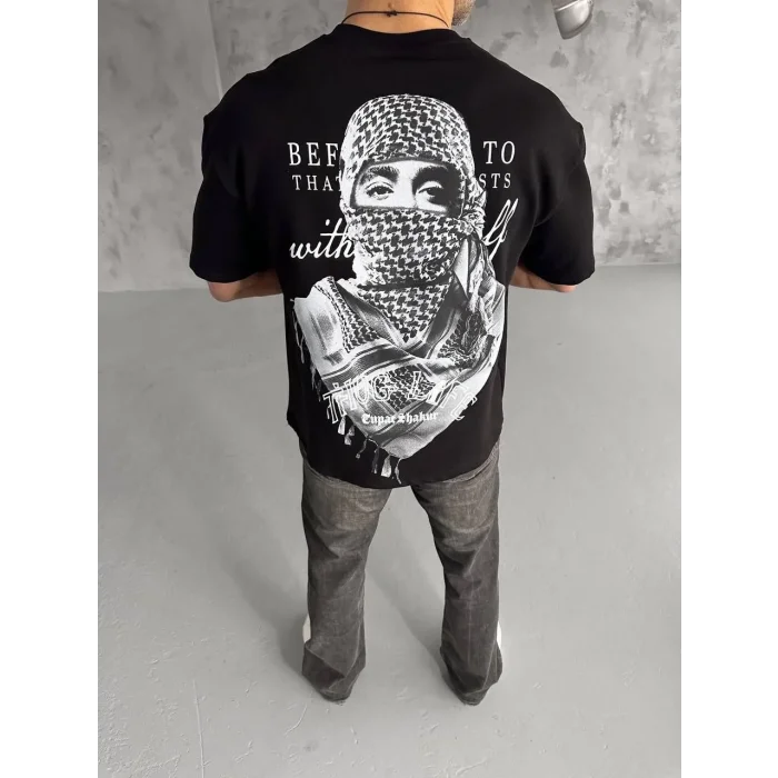 Erkek Kısa Kol Tişört Bisiklet Yaka Filistin Poşulu Baskılı T-Shirt - Siyah