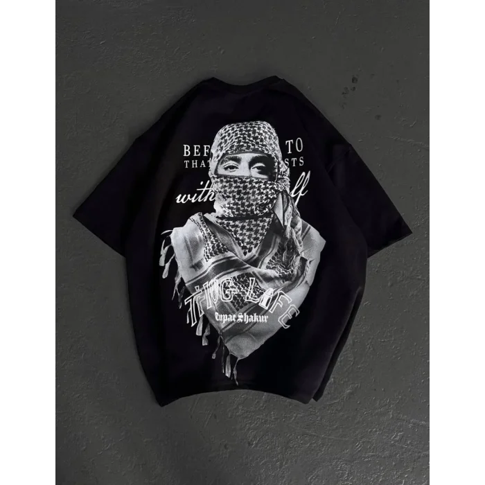 Erkek Kısa Kol Tişört Bisiklet Yaka Filistin Poşulu Baskılı T-Shirt - Siyah