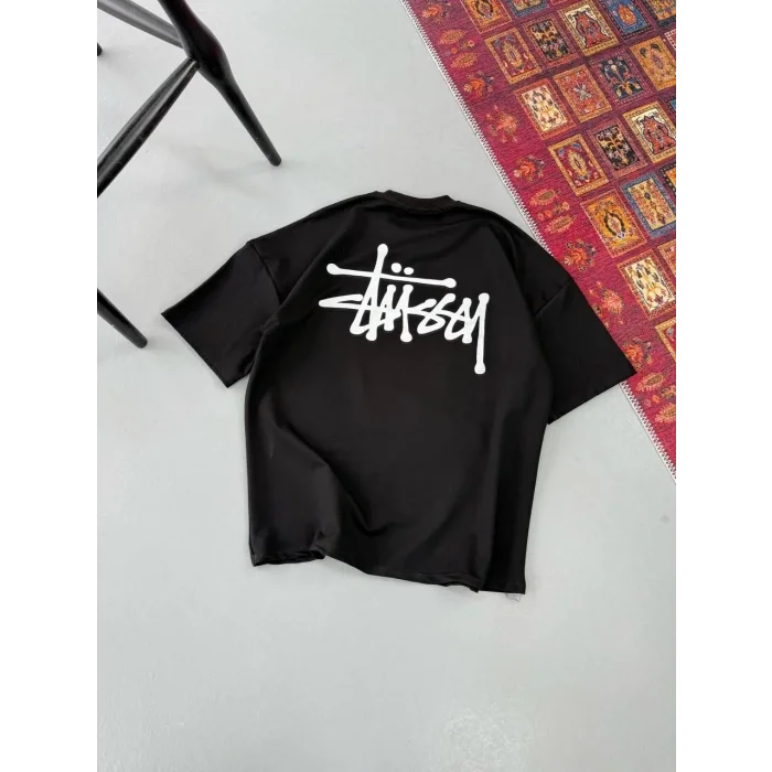 Erkek Kısa Kol Yazlık Tişört Bisiklet Yaka Baskılı Oversize T-Shirt - Siyah
