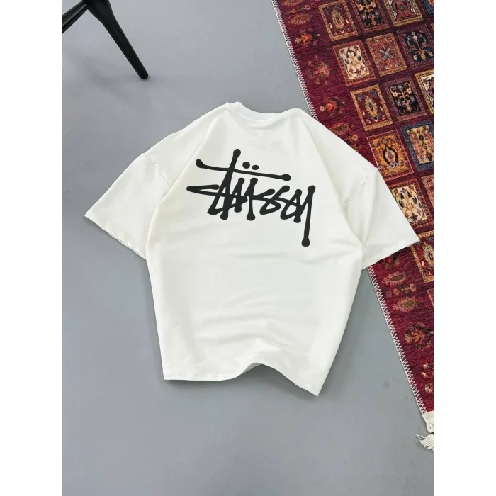 Erkek Kısa Kol Yazlık Tişört Bisiklet Yaka Baskılı Oversize T-Shirt - Beyaz