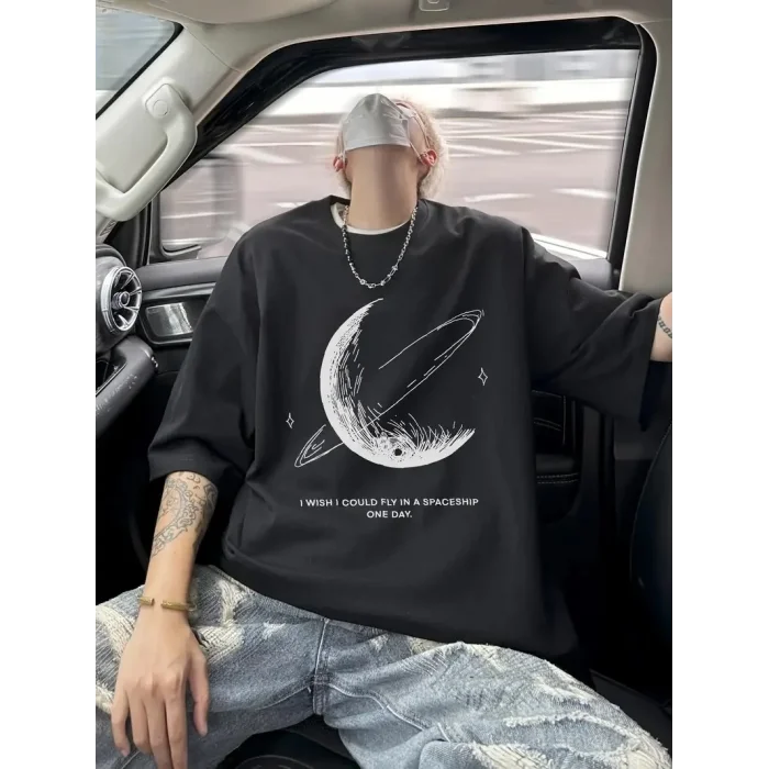 Erkek Baskılı Tişört Kısa Kol Bisiklet Yaka Oversize T-Shirt - - Siyah