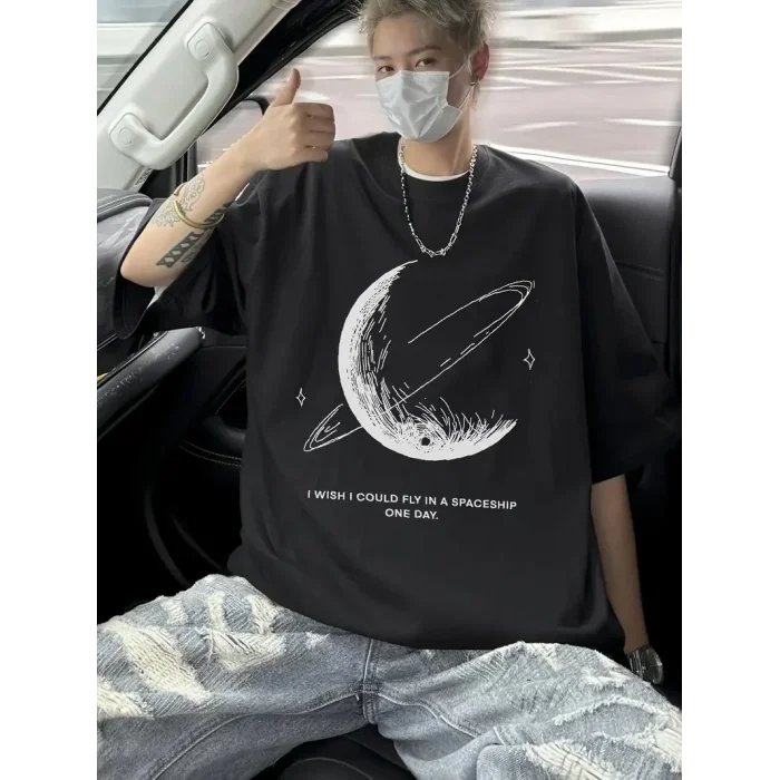 Erkek Baskılı Tişört Kısa Kol Bisiklet Yaka Oversize T-Shirt - - Siyah