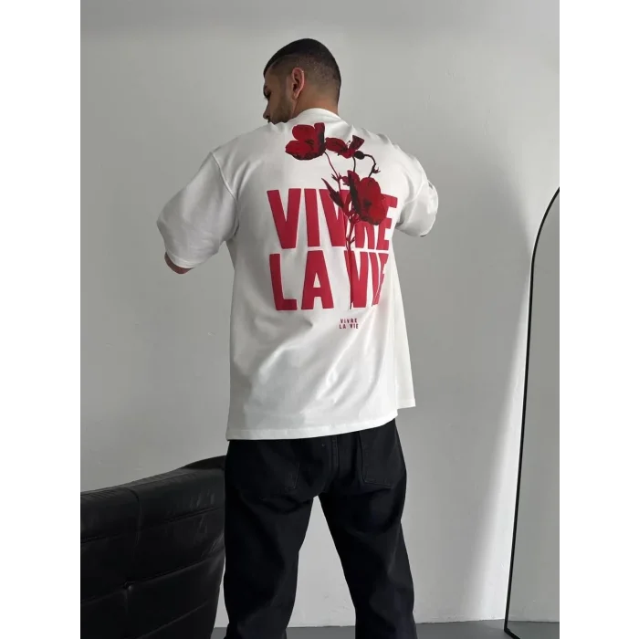 Erkek Ön ve Arka Baskılı T-Shirt Kısa Kol Bisiklet Yaka Regular Fit Tişört - Beyaz
