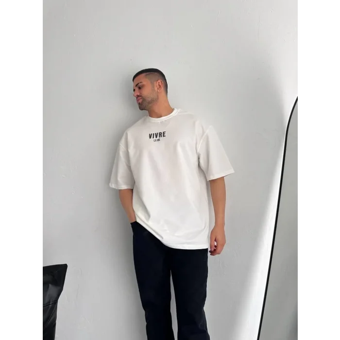 Erkek Ön ve Arka Baskılı T-Shirt Kısa Kol Bisiklet Yaka Regular Fit Tişört - Beyaz