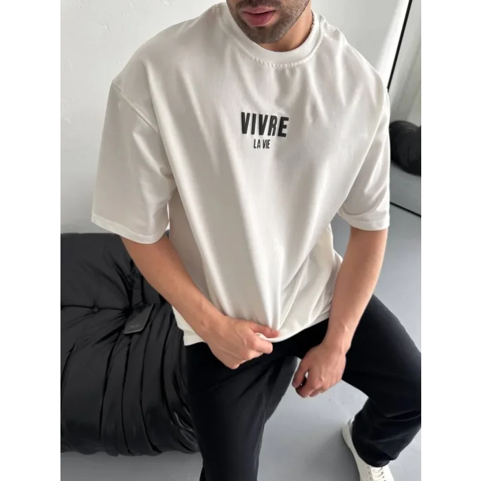Erkek Ön ve Arka Baskılı T-Shirt Kısa Kol Bisiklet Yaka Regular Fit Tişört - Beyaz