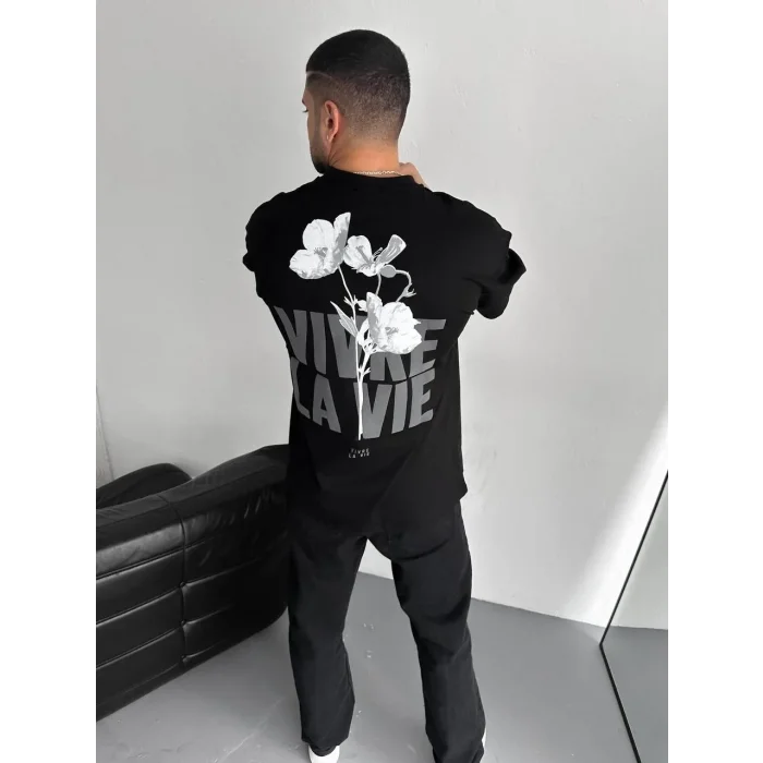 Erkek Ön ve Arka Baskılı T-Shirt Kısa Kol Bisiklet Yaka Regular Fit Tişört -  Siyah