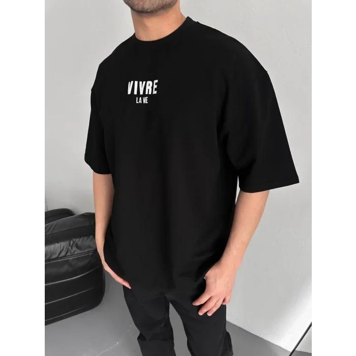 Erkek Ön ve Arka Baskılı T-Shirt Kısa Kol Bisiklet Yaka Regular Fit Tişört -  Siyah