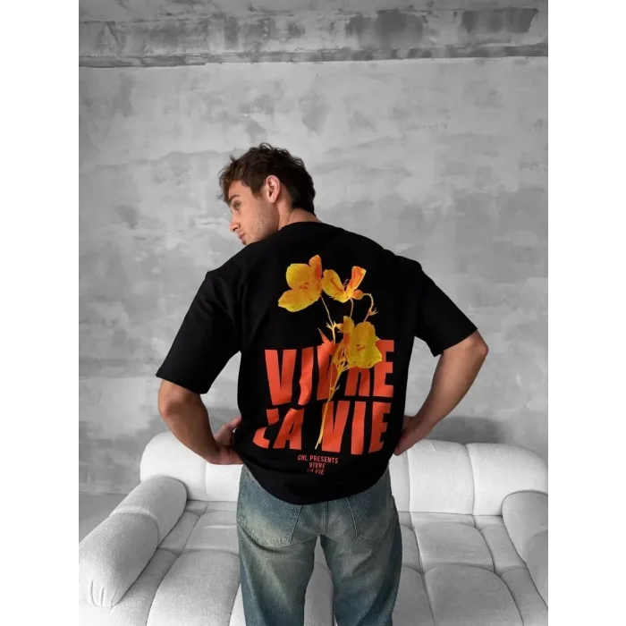 Erkek Ön ve Arka Baskılı T-Shirt Kısa Kol Bisiklet Yaka Regular Fit Tişört - Siyah