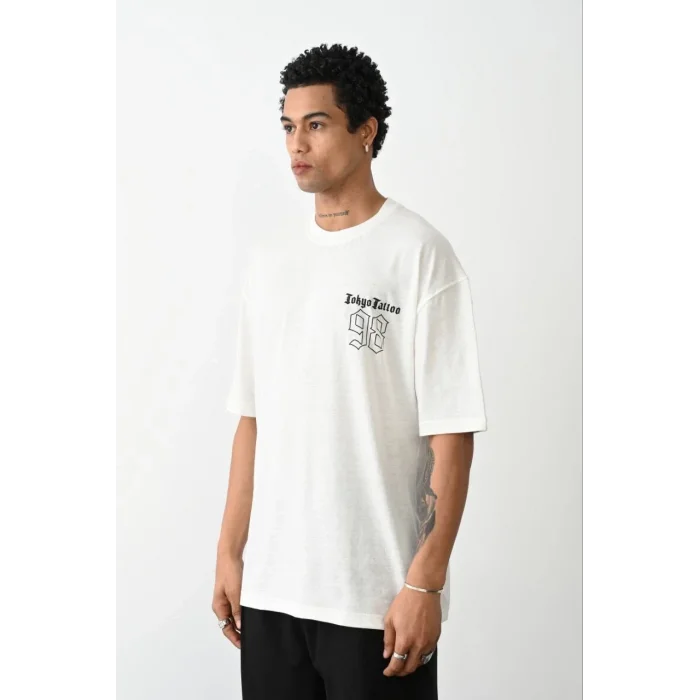 Erkek Kısa Kol Yazlık Tişört Bisiklet Yaka Baskılı Oversize T-Shirt - Beyaz