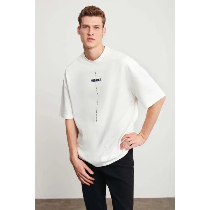 Erkek Baskılı T-Shirt Kısa Kol Bisiklet Yaka Regular Fit Rahat Kalıp Tişört - Beyaz