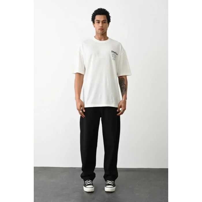 Erkek Kısa Kol Yazlık Tişört Bisiklet Yaka Baskılı Oversize T-Shirt - Beyaz