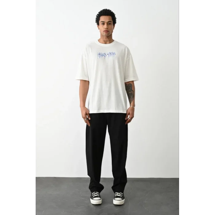 Erkek Kısa Kol Yazlık Tişört Bisiklet Yaka Baskılı Oversize T-Shirt -  Beyaz