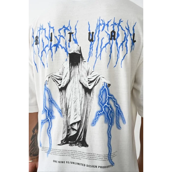 Erkek Kısa Kol Yazlık Tişört Bisiklet Yaka Baskılı Oversize T-Shirt -  Beyaz