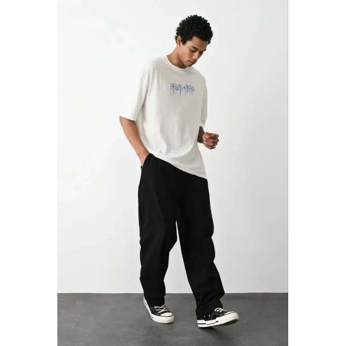 Erkek Kısa Kol Yazlık Tişört Bisiklet Yaka Baskılı Oversize T-Shirt -  Beyaz