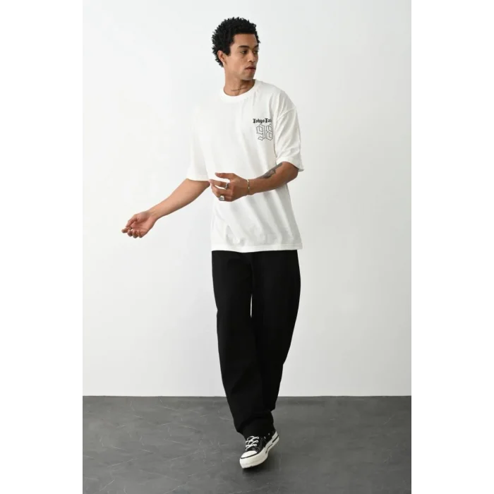 Erkek Kısa Kol Yazlık Tişört Bisiklet Yaka Baskılı Oversize T-Shirt - Beyaz