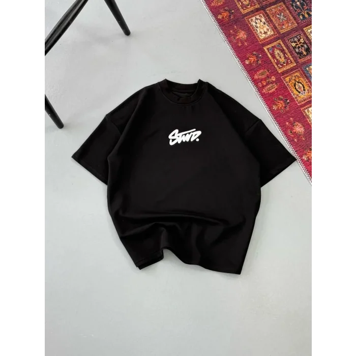 Erkek Kısa Kol Yazlık Tişört Bisiklet Yaka Baskılı Oversize T-Shirt - Siyah