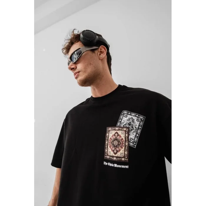 Erkek Yazlık Bisiklet Yaka Baskılı Regular Fit Tişört Kısa Kol T-Shirt - Siyah