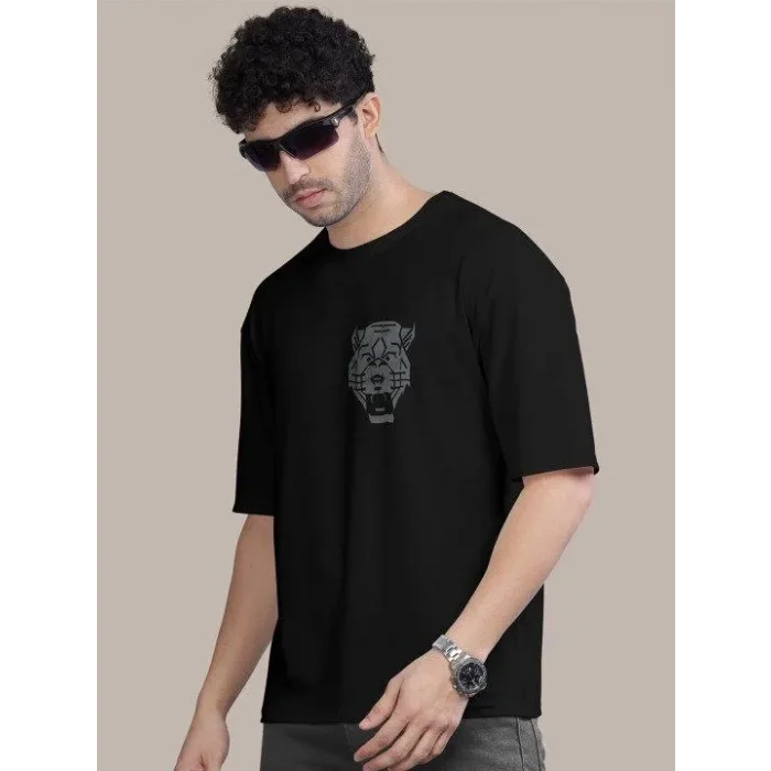 Erkek Kısa Kol Yazlık Tişört Bisiklet Yaka ASLAN Baskılı T-Shirt - Siyah