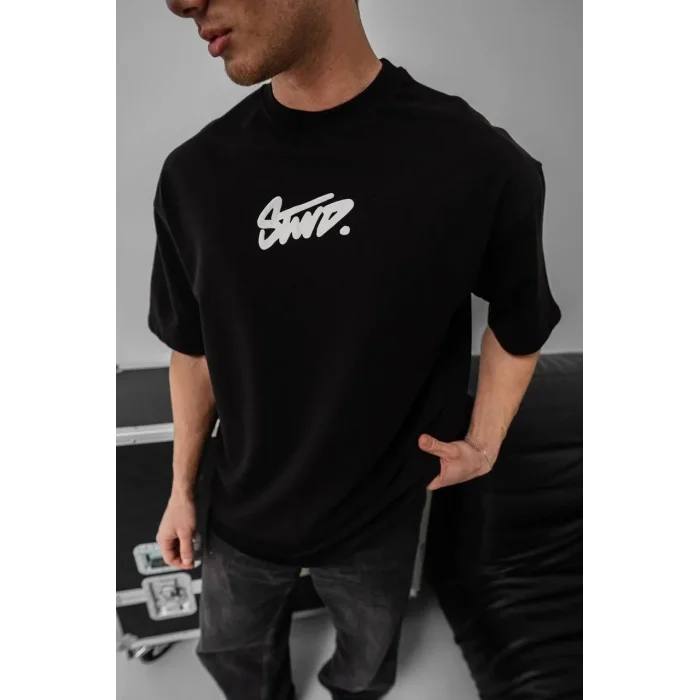 Erkek Kısa Kol Yazlık Tişört Bisiklet Yaka Baskılı Oversize T-Shirt - Siyah