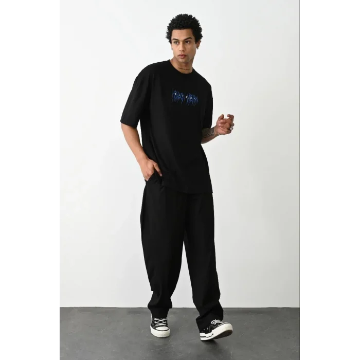 Erkek Baskılı Oversize  Kısa kol T-Shirt - Siyah