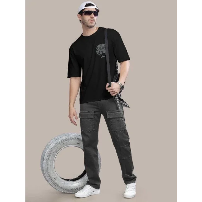 Erkek Kısa Kol Yazlık Tişört Bisiklet Yaka ASLAN Baskılı T-Shirt - Siyah