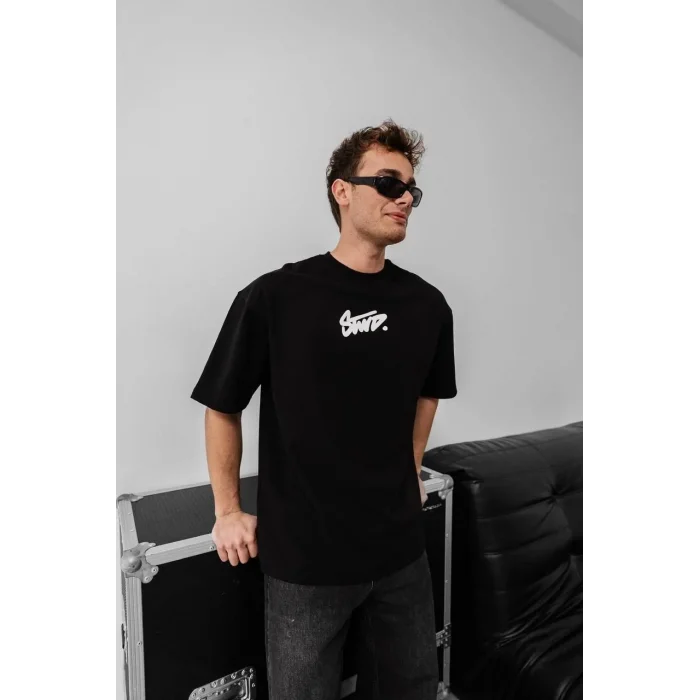 Erkek Kısa Kol Yazlık Tişört Bisiklet Yaka Baskılı Oversize T-Shirt - Siyah