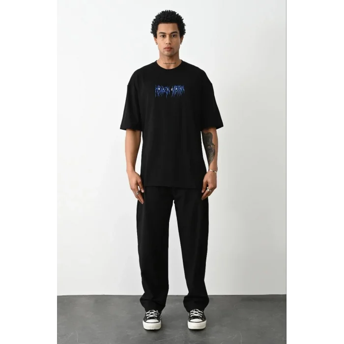 Erkek Baskılı Oversize  Kısa kol T-Shirt - Siyah