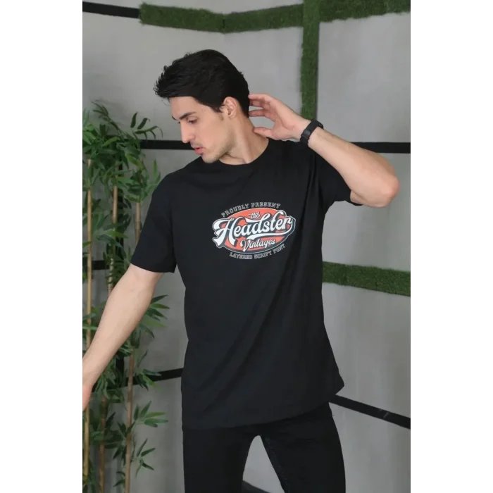 Erkek Baskılı T-Shirt Kısa Kol Bisiklet Yaka Regular Fit Rahat Kalıp Günlük Tişört - Siyah