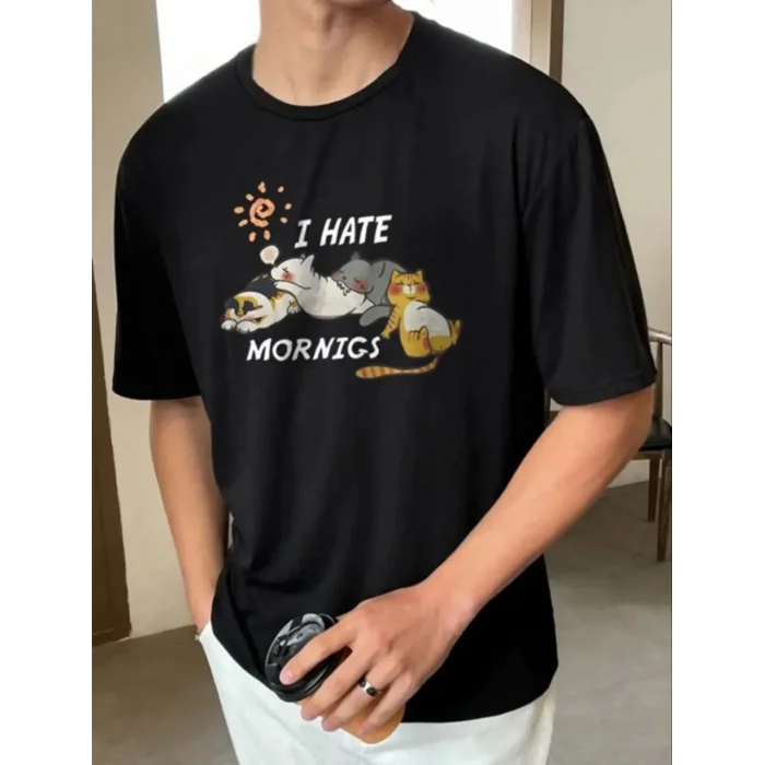 Erkek Baskılı T-Shirt Kısa Kol Bisiklet Yaka Regular Fit Rahat Kalıp Günlük Tişört - Siyah